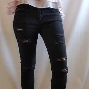 Black Destroyed Skinny Stretch Jeans by Wax